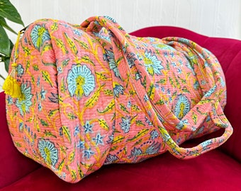 Gewatteerde Duffle Tote Schoudertas Katoen Helder Perzik Oranje Bloemen Milieuvriendelijk Duurzaam Stevig Yoga Winkelen Strandartiest Boho Weekender