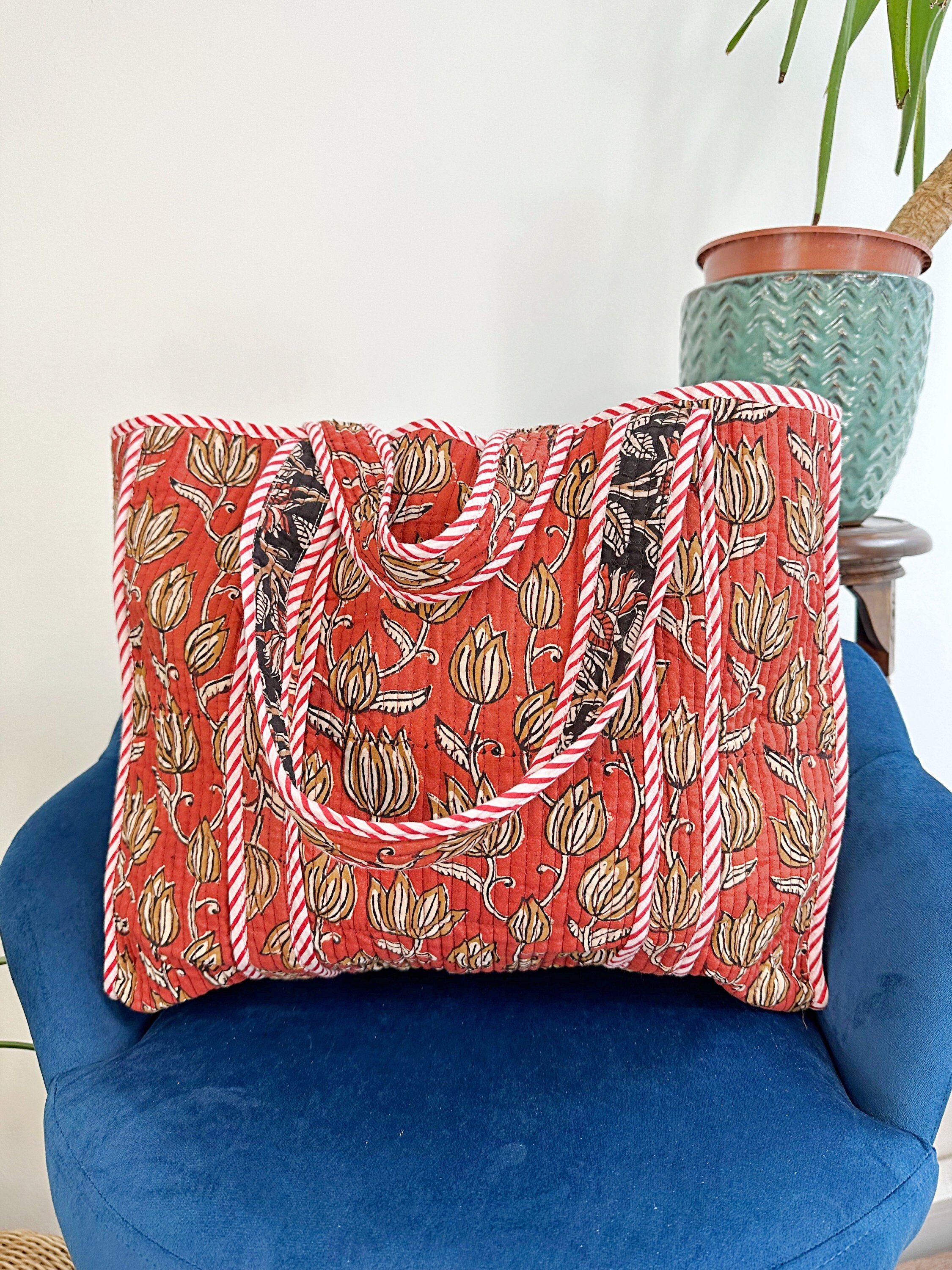Quilted Cotton Handprinted Reversible Earthy Red Beige Lotus Black Large Tote Bag Sustainable Grocery Shopping Handmade Artist Carry All