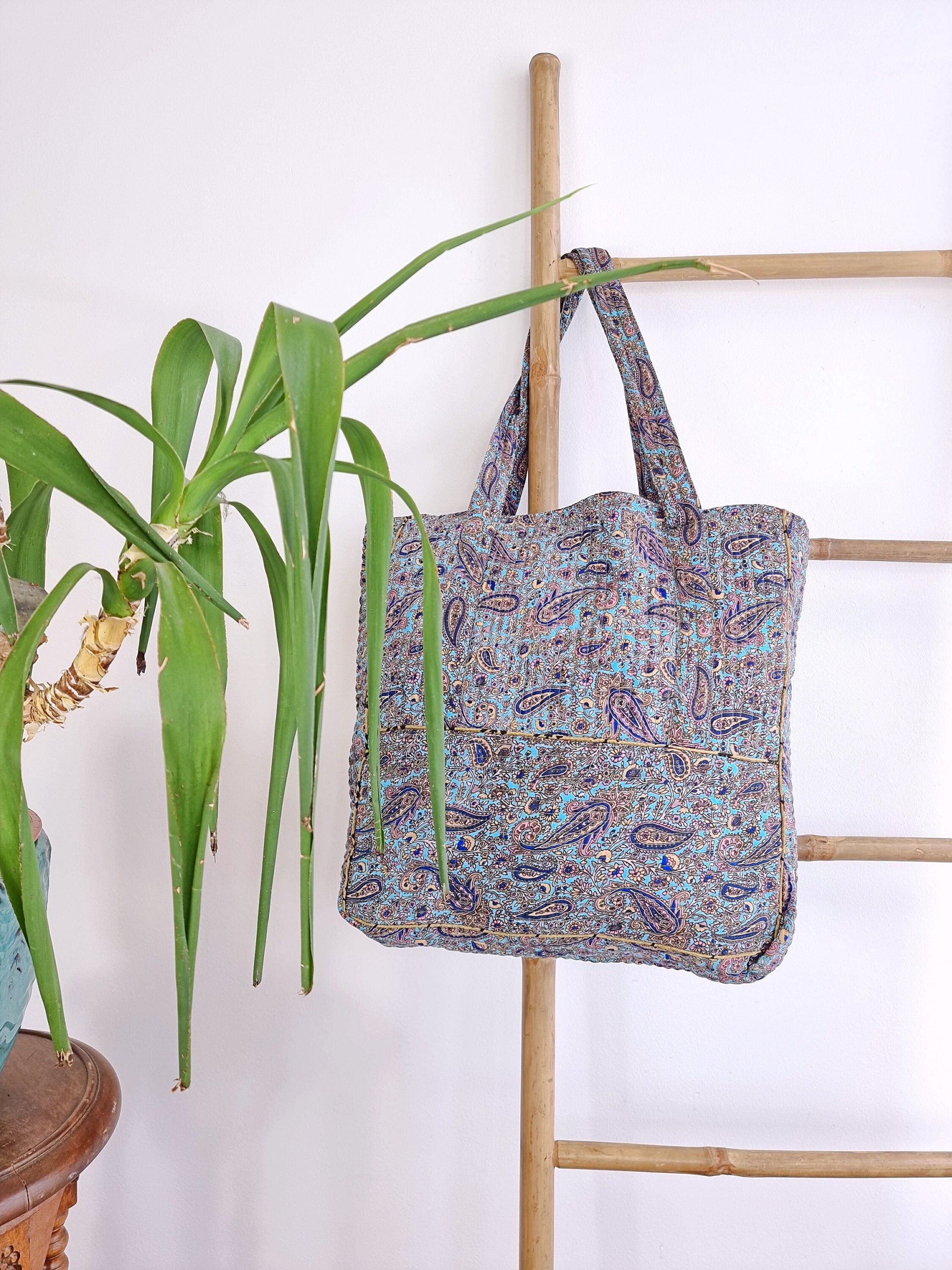 Quilted Silk Recycled Reversible Quirky Turquoise Blue Floral Tote Bag Eco friendly Sustainable Sturdy Grocery Shopping Handmade Artist Boho