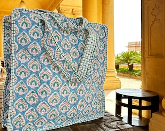 Zipper Large Box Tote Bag Quilted Cotton Handprint Eco