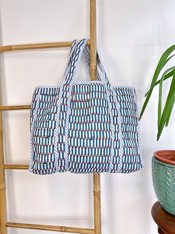 キルティングコットン ハンドプリント リバーシブル ラージトート