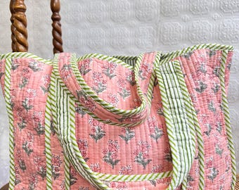 Quilted Cotton Handprinted Reversible Large Tote Bag Eco friendly Handmade Sturdy Grocery Shopping Artist Boho | Peach Hue