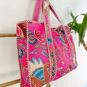 Reversible Cotton Quilted Tote - Pink Jungle