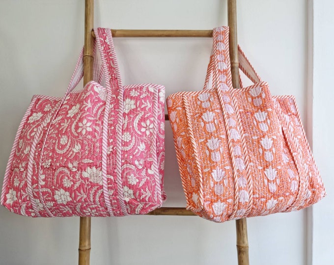 Quilted Cotton Handprinted Reversible Large Pink Orang Floral Tote Bag Eco friendly Sustainable Sturdy Grocery Shopping Handmade Artist Boho