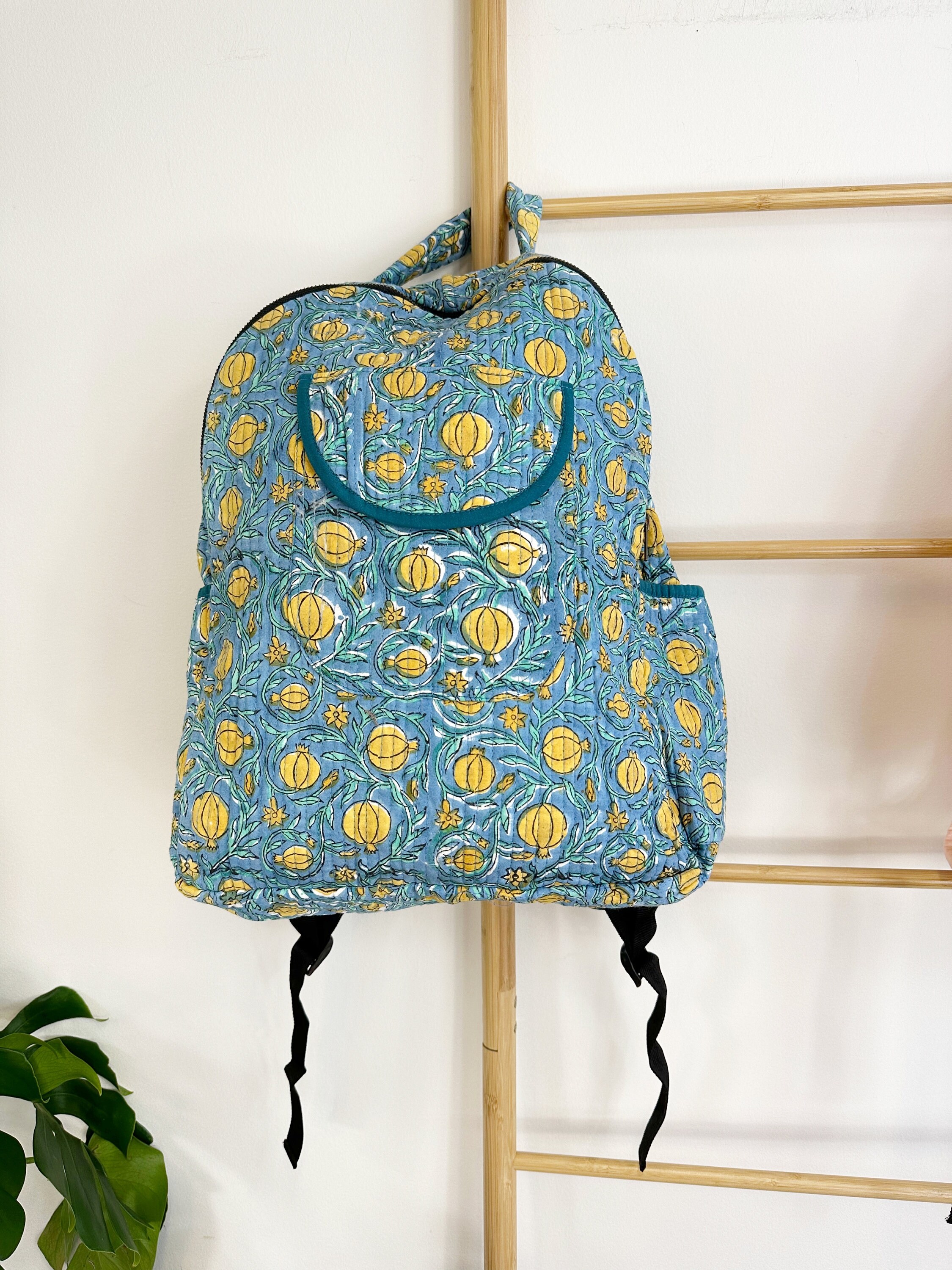 Quilted Cotton Handprint Large Bag-pack Eco friendly Sustainable Sturdy Travel Holiday Beach Shopping Handmade Artist Boho Blue Yellow