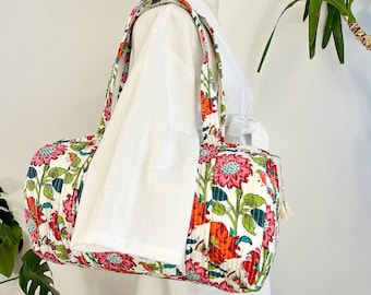 Quilted Duffle Tote Shoulder Bag Cotton Handprint White Pink Floral Eco friendly Sustainable Sturdy Yoga Shopping Beach Artist Boho Bagpack