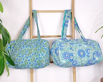 Quilted Duffle Tote Shoulder Blue Green Bag Cotton Handprint Floral Eco friendly Sustainable Sturdy Yoga Shopping Beach Artist Boho Bagpack