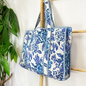 Quilted Cotton Handprint Reversible Large White Blue Cornflower Gingko Floral Tote Boho Bag Eco friendly Sturdy Grocery Shopping Handmade