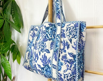 Quilted Cotton Handprint Reversible Large White Blue Cornflower Gingko Floral Tote Boho Bag Eco friendly Sturdy Grocery Shopping Handmade