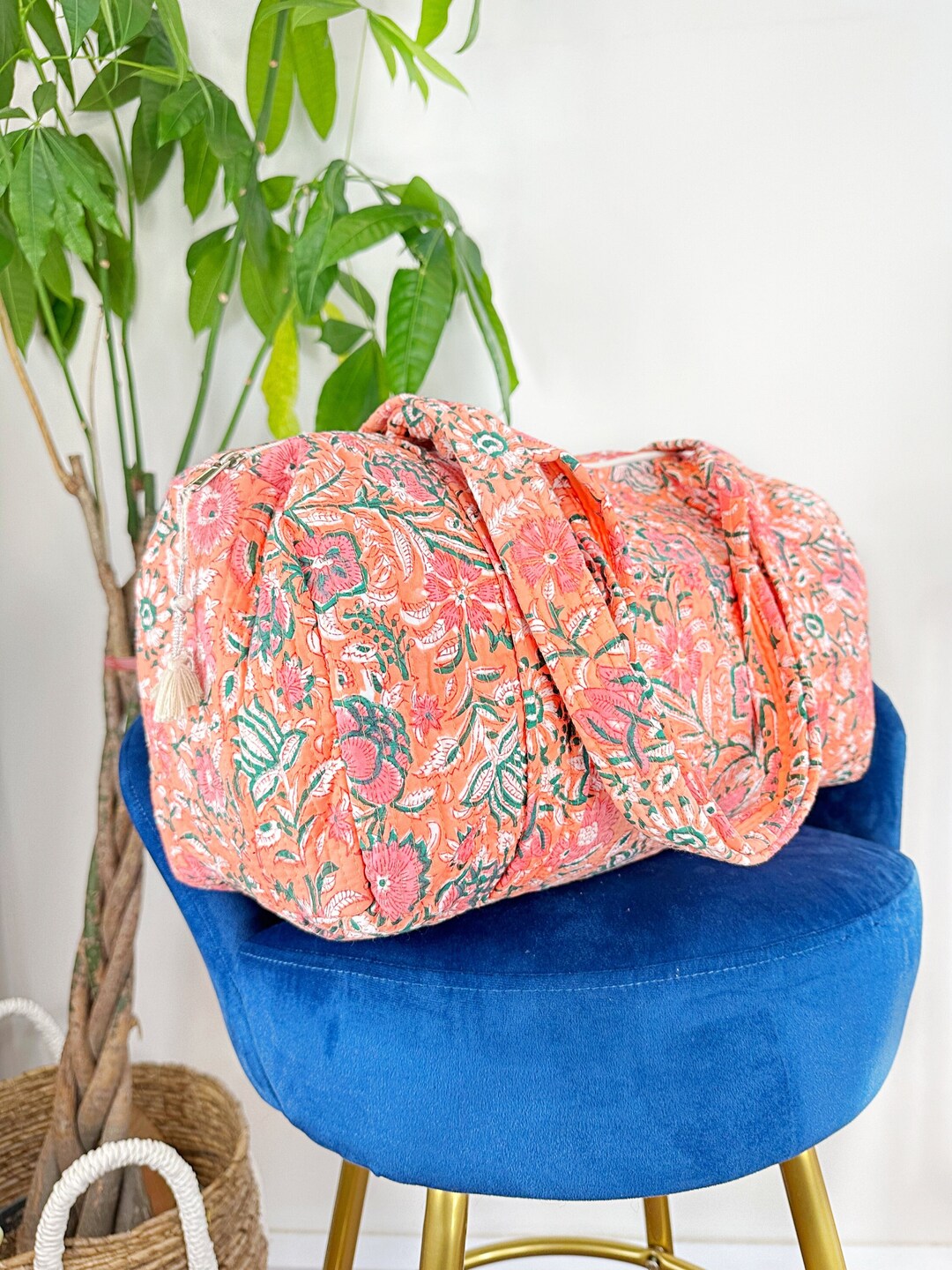 Quilted Duffle Tote Shoulder Bag Cotton Peach Orange Pink Floral Eco ...