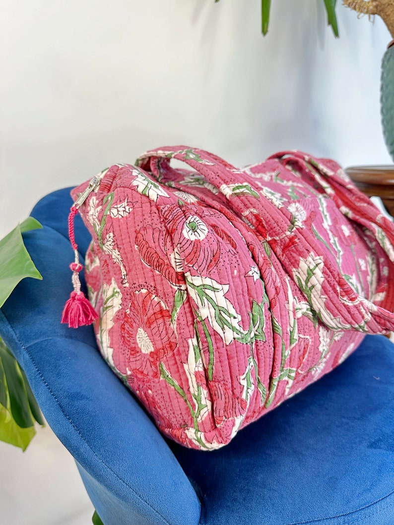 Quilted Duffle Tote Shoulder Pink Pansy Bag Cotton Handprint Etsy