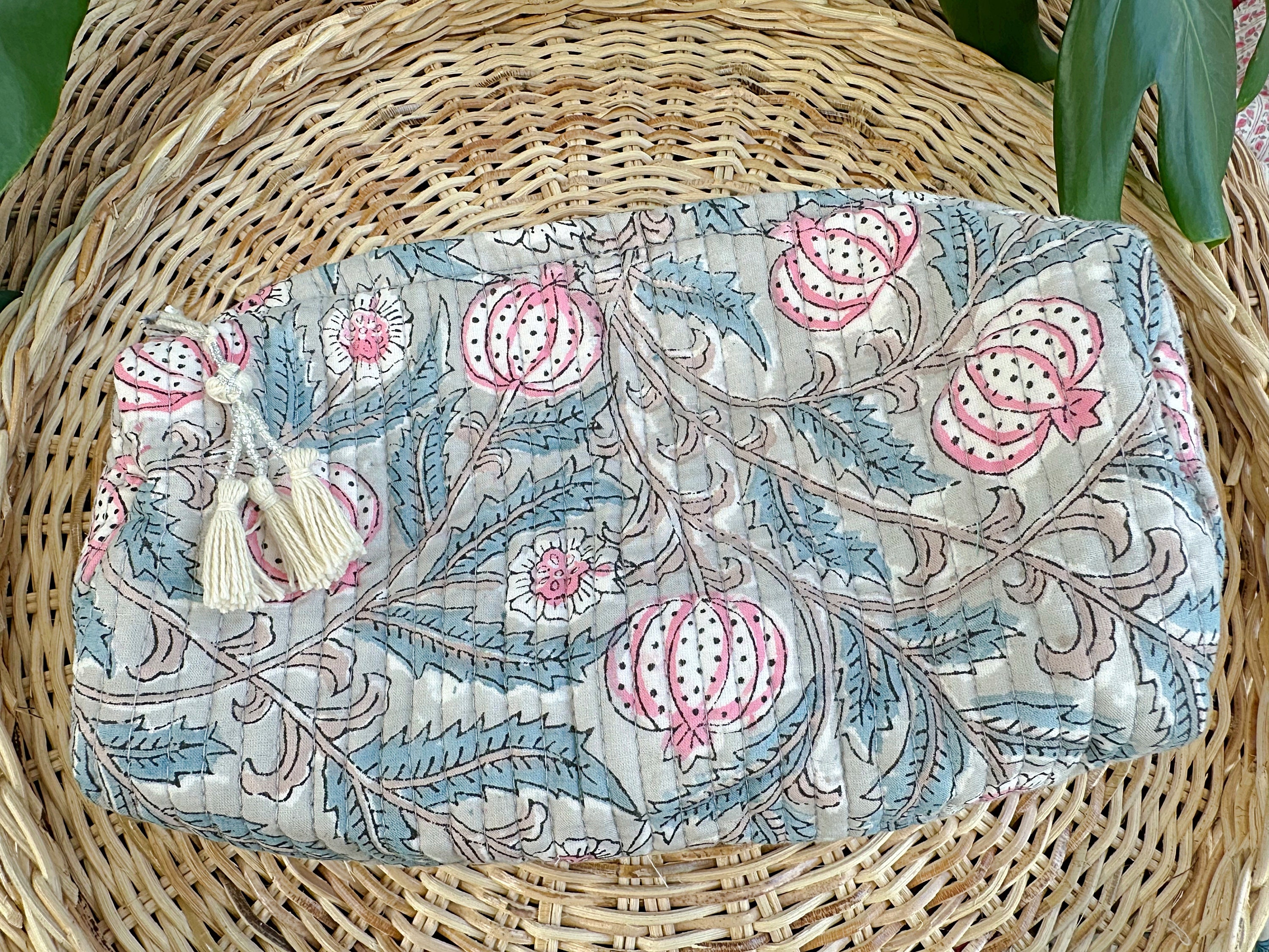 Quilted Cotton Handprinted Large Spring Pastel Pink Grey White 