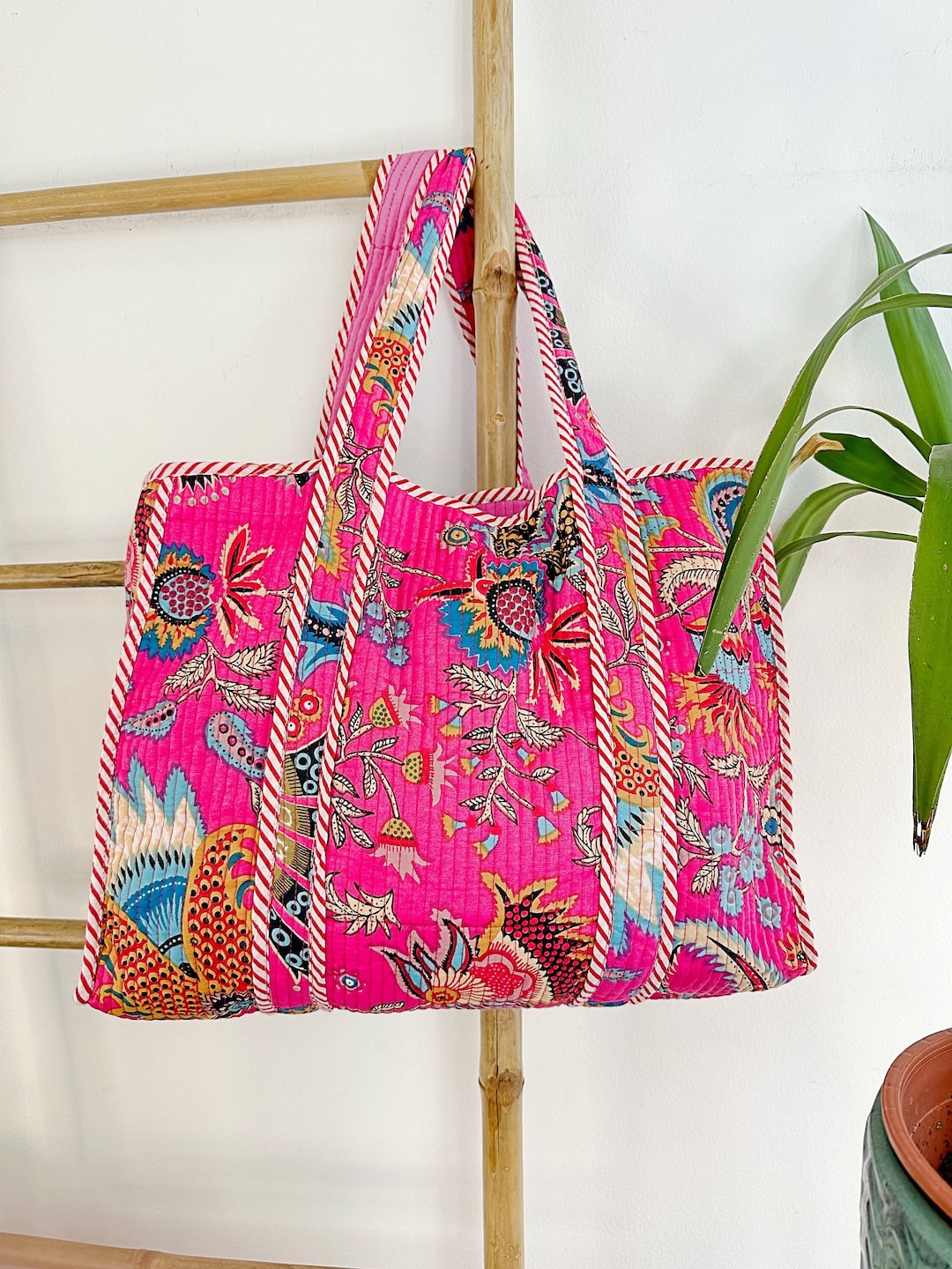 Quilted Cotton Handprinted Reversible Large Pink Bohemian Tote Bag ...