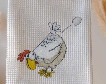 Funny Chicken Embroidered Waffle Weave Kitchen Towel | Farmhouse Hen Decor