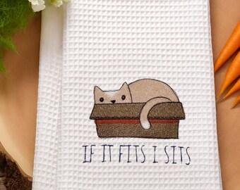 Embroidered Cat Kitchen Towel: Whimsical 'If It Fits, I Sits' Design