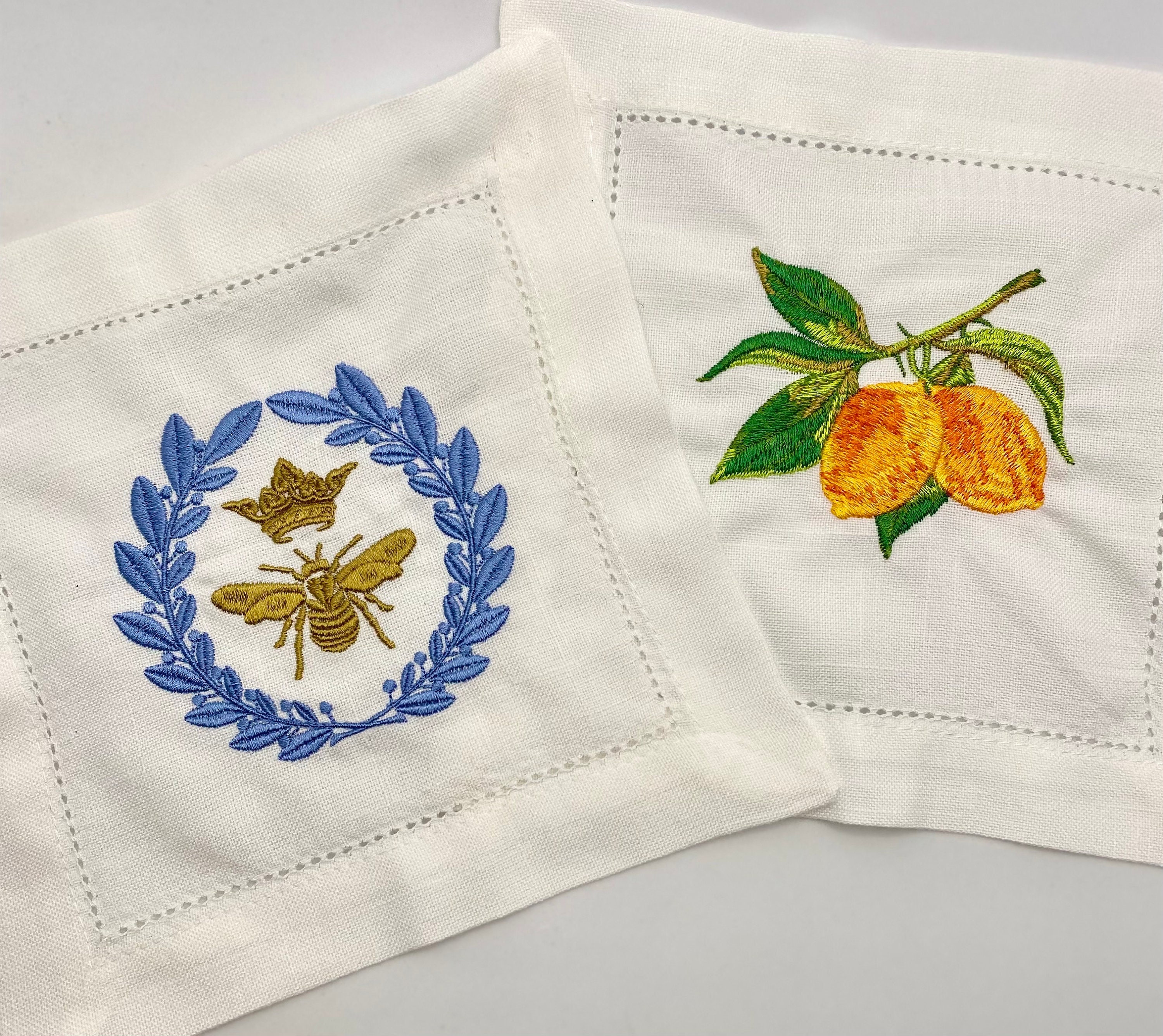 French Bee Laurel WreathLemon LinenCotton blend Embroidered Cocktail Napkins Hostess Gift PartyHousewarmingWeddingBeverage