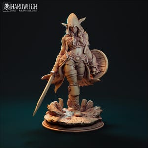 May include: A detailed figurine of a female warrior, clad in armor and a hooded cloak. She holds a sword and shield, standing on a rocky base. The figure is in a dynamic pose, with intricate details in the clothing and weaponry. The figurine is a fantasy-themed collectible.