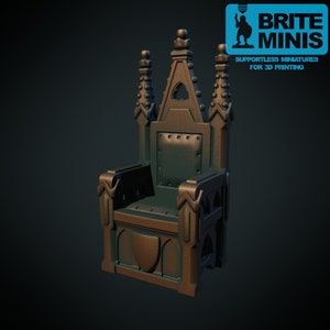 May include: A dark brown and green detailed throne chair with a high back and armrests. The chair has a pointed top and decorative accents. The chair is designed for 3D printing.