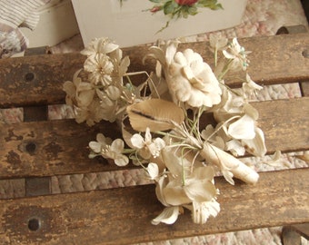 On hold, do not buy. Antique paper, fabric and wax flower bridal bouquet, 1910/20's.