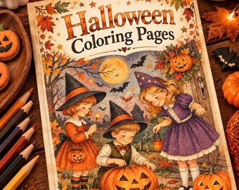 May include: A Halloween coloring book with a cover illustration featuring three children in costumes with pumpkins, bats, and autumn leaves. The title "Halloween Coloring Pages" is printed in large brown letters at the top of the book cover.