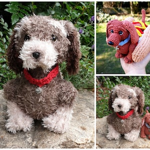 May include: Three crocheted dog toys. One brown and white dog with a red collar, one brown dog with a red collar, and one brown dog with a hot dog.