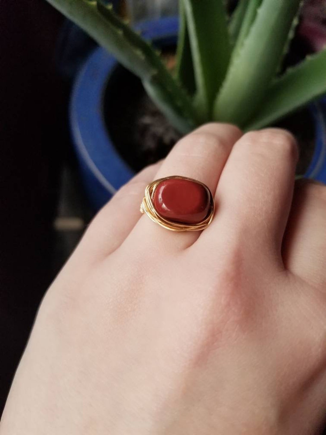 Red Jasper Rectangle Cable Adjustable Ring