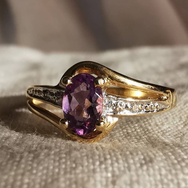 French 18K gold amethyst, diamants vintage ring - super trendy 80' or 90' vintage jewelry