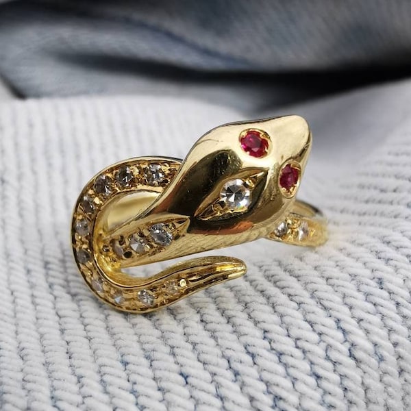18K diamond gold snake ring, French antique vintage jewelery, snake engagement ring