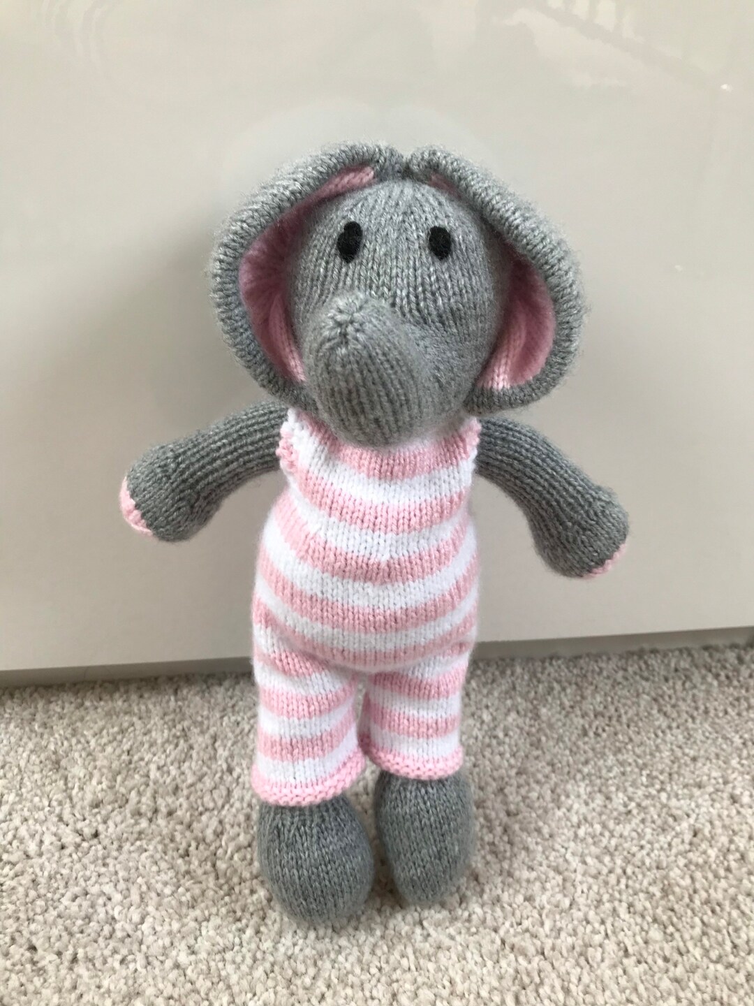 Hand Knitted Elephant With Pink Dungarees Etsy