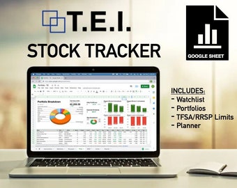May include: A laptop computer displaying a Google Sheet spreadsheet with the title "T.E.I. STOCK TRACKER". The spreadsheet includes charts and graphs, and the text "INCLUDES: - Watchlist - Portfolios - TFSA/RRSP Limits - Planner" is visible on the right side of the screen.