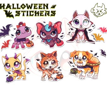 May include: Set of ten Halloween stickers featuring cute cartoon animals dressed in costumes. The animals include a bat, a spider, a wolf, a bulldog, and a cat. Each sticker has a different Halloween theme, such as a vampire, a witch, a werewolf, a ghost, and a zombie. The stickers are perfect for adding a touch of Halloween fun to your laptop, water bottle, or planner.