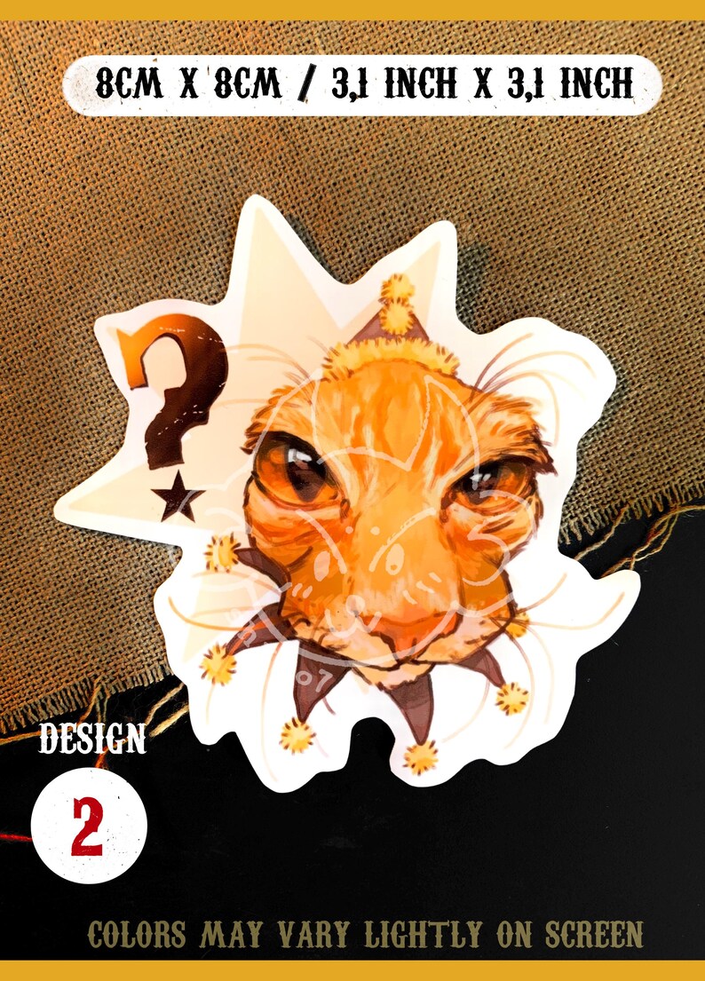 K&ouml;nnte beinhalten: Ein Aufkleber mit einer Cartoon-Katze, die einen Narrenhut mit einem Fragezeichen und einem Stern &uuml;ber dem Kopf tr&auml;gt. Der Aufkleber ist 8 cm x 8 cm gro&szlig; und hat die Nummer 2.