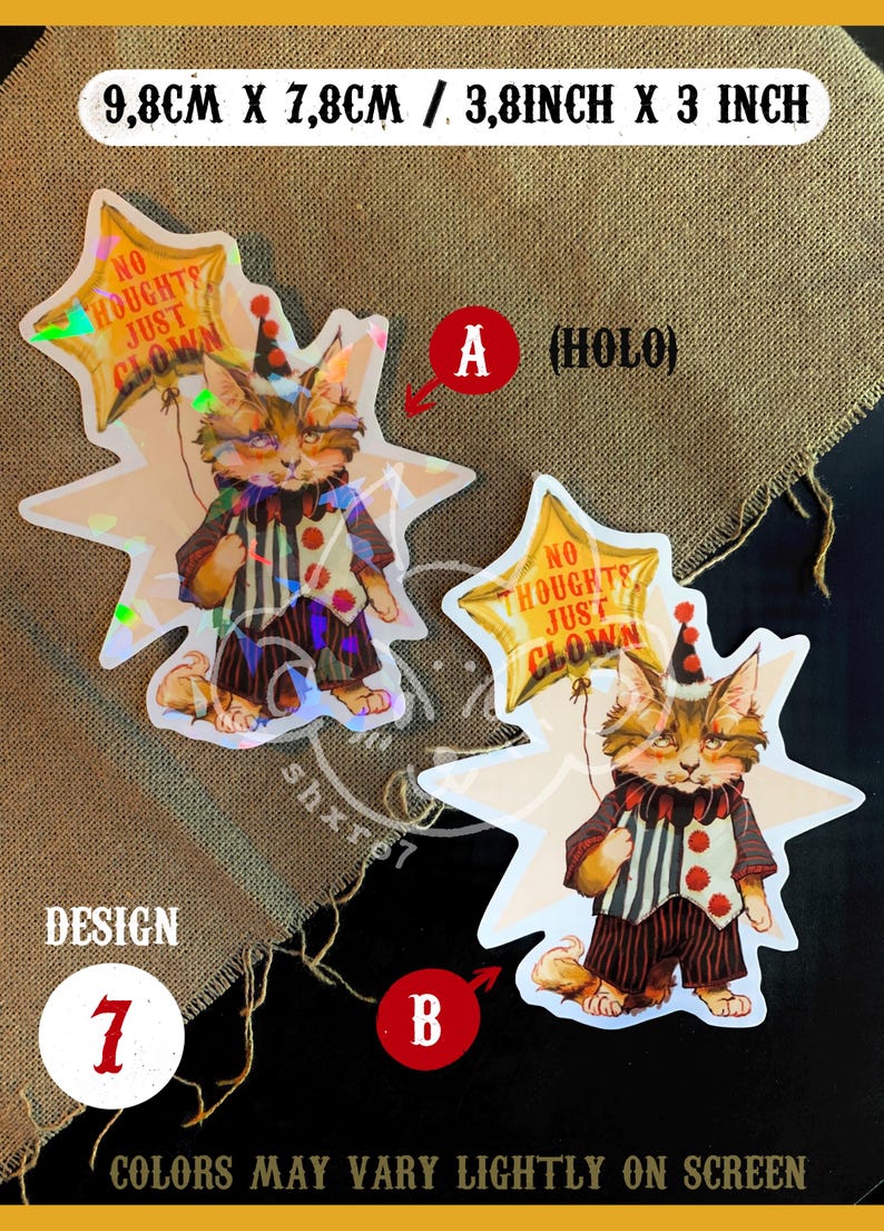 K&ouml;nnte beinhalten: Zwei holografische Aufkleber mit einem Cartoon-Katzen-Clown, der einen sternf&ouml;rmigen Ballon mit dem Text "No Thoughts Just Clown" h&auml;lt. Die Aufkleber sind 9,8 cm x 7,8 cm gro&szlig;.