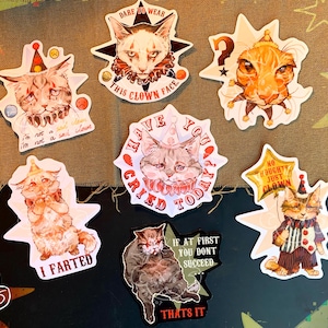 SAD CLOWN CATS Vynil Stickers circus cat meme - Pegatinas Vinilo Gatos de circo payasos tristes meme