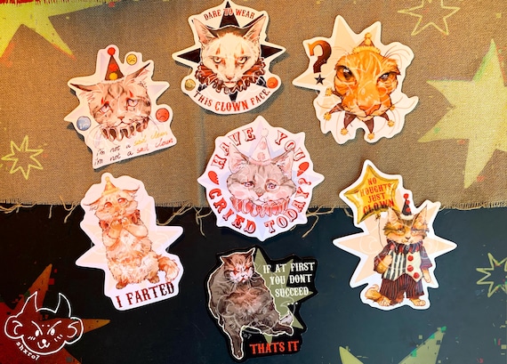 SAD CLOWN CATS Vynil Stickers circus cat meme - Pegatinas Vinilo Gatos de circo payasos tristes meme