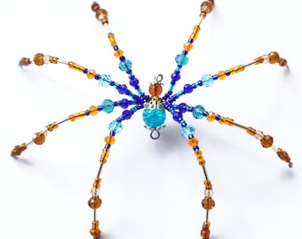 Adorno navideño de araña con cuentas hechas a mano: verde azulado, dorado y azul marino (talla M)