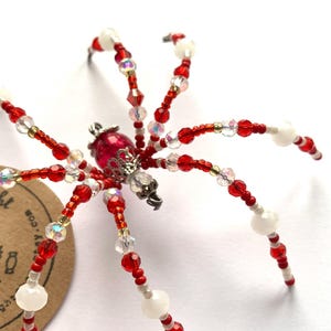 Hand Beaded Christmas Spider Ornament | Red and White Glass Beads