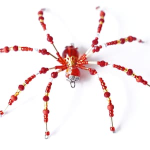 Hand Beaded Christmas Spider Ornament | Red & Gold Glass Beads
