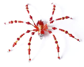 Hand Beaded Christmas Spider Ornament | Red & Gold Glass Beads