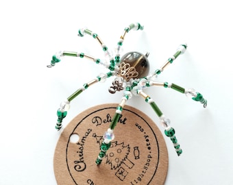 Beaded Christmas Spider Ornament: Green Glass Beads, XS