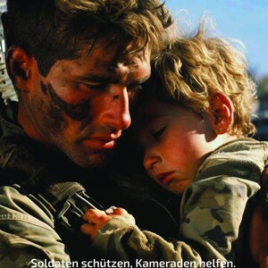May include: A poignant image of a soldier embracing a child, both with somber expressions. The soldier's face is marked with camouflage paint. The text at the bottom reads "Soldiers protect, help comrades."