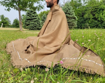 Merino Wool Meditation Shawl: Oversized Brown Blanket, Handcrafted Wrap