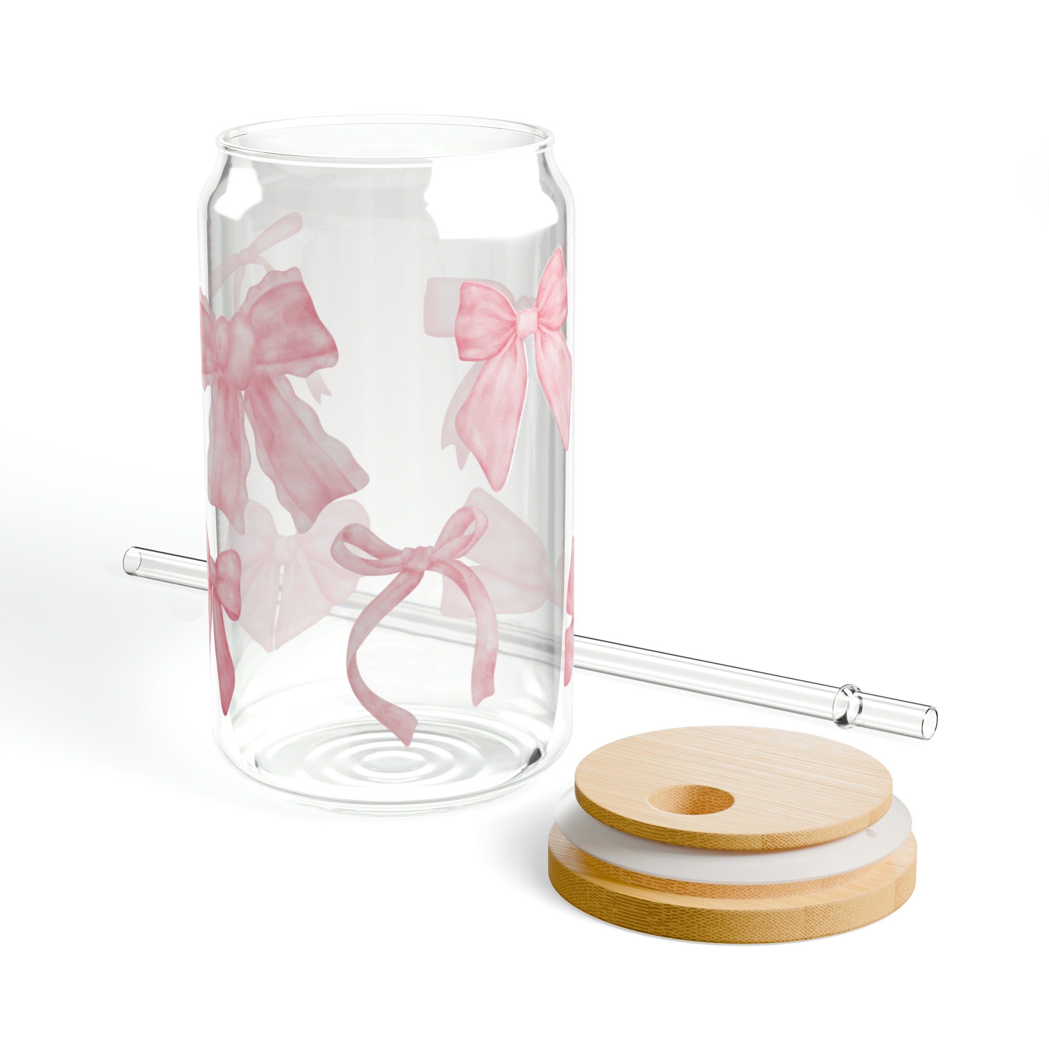 Coquette Pink Bow Can Glass W Lid & Straw | Cute Aesthetic Glass Cup ...
