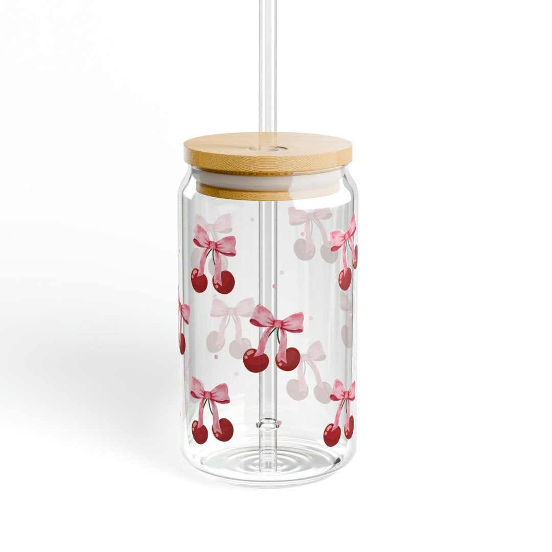 Coquette Cherry Pink Bow Can Glass W Lid & Straw | Cute Glass Cup ...