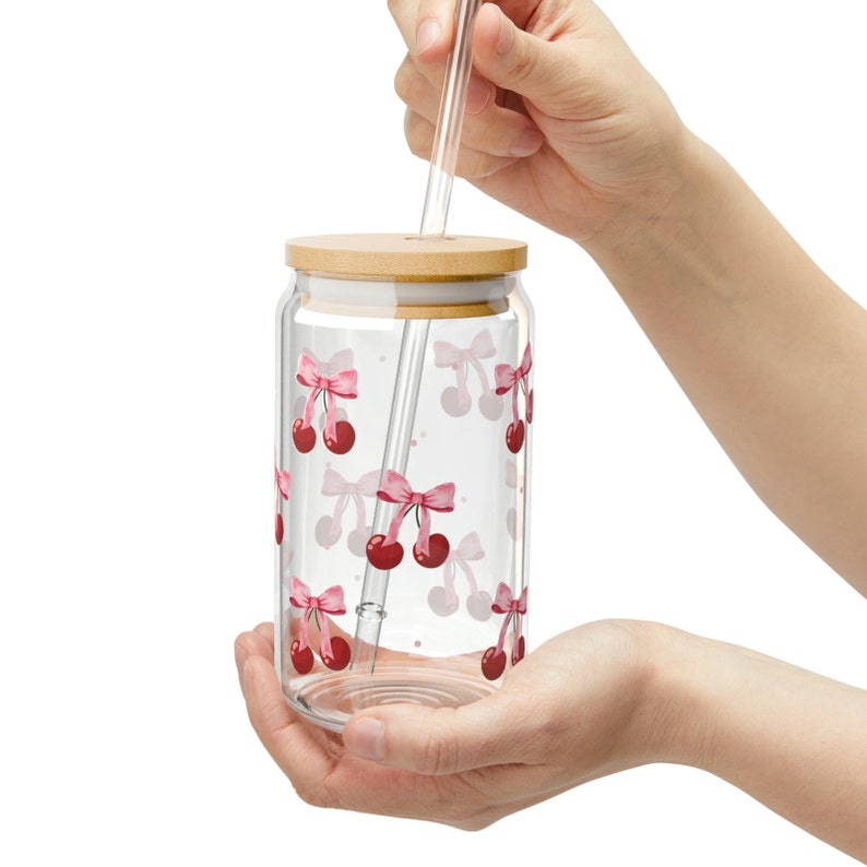Coquette Cherry Pink Bow Can Glass W Lid & Straw | Cute Glass Cup ...