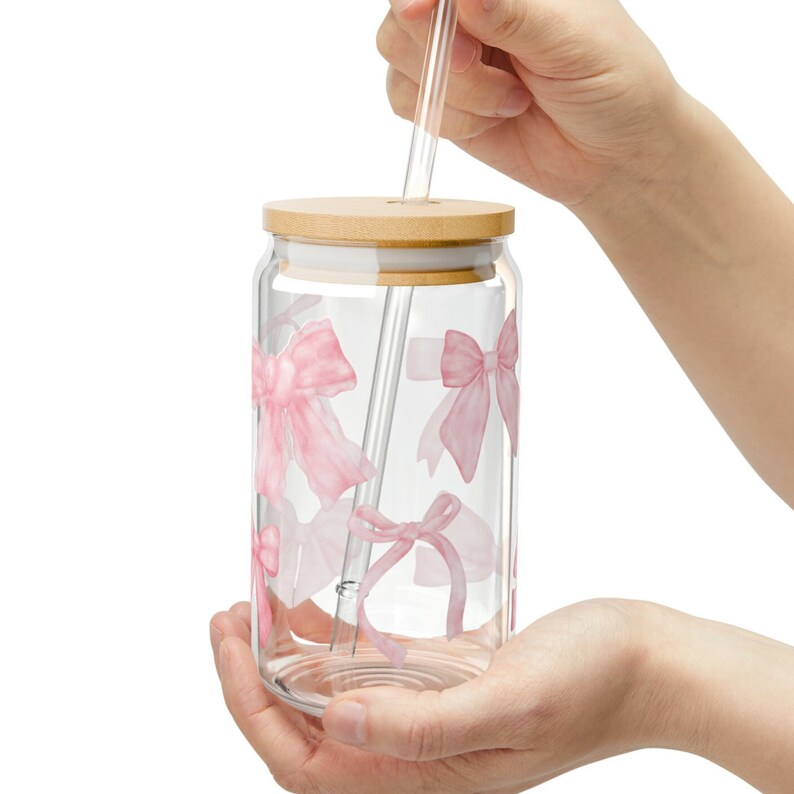 Coquette Pink Bow Can Glass W Lid & Straw | Cute Aesthetic Glass Cup ...