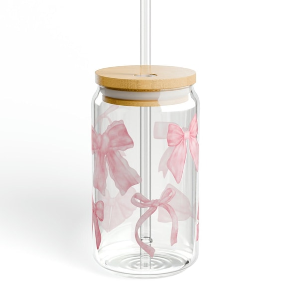 Coquette Bow Aesthetic Glass Cups With Bow Straw Decoration - Cute Pink Bow Cup - Coquette Bows Birthday Gifts For Girls Women Unique Birthday Gifts For Girls Women, 16 Oz