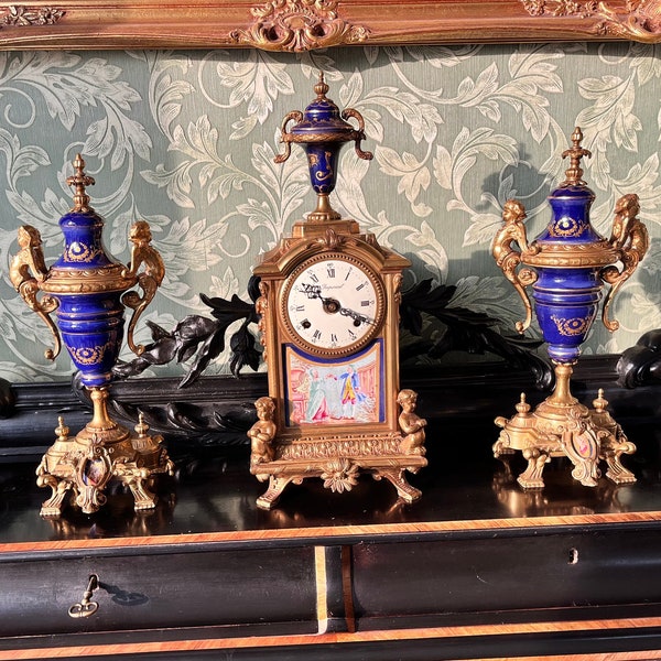Ensemble d'horloges italiennes Farbel Imperial, design italien et mouvement mécanique allemand de Franz Hermle, horloge de table, pendule de cheminée, vers 1980