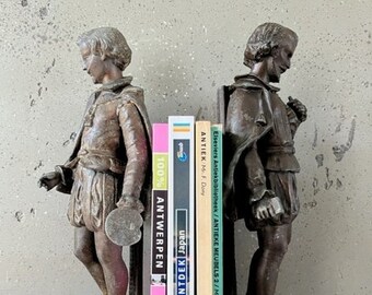 Antique bookend - statues of two noblemen - France ca. 1900 - brown patinated tin