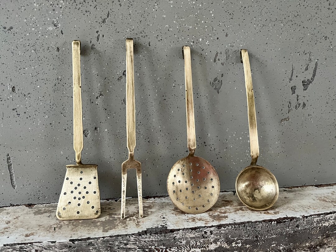 Set of 5 Vintage Brass Kitchen Utensils With Brass Hanging Rack